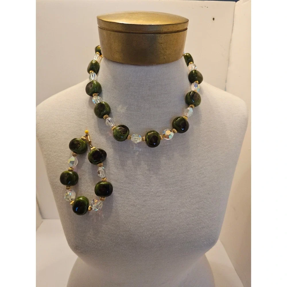 Vintage Green Ceramic & Aurora Borealis Crystal Necklace Bracelet Jewelry Set